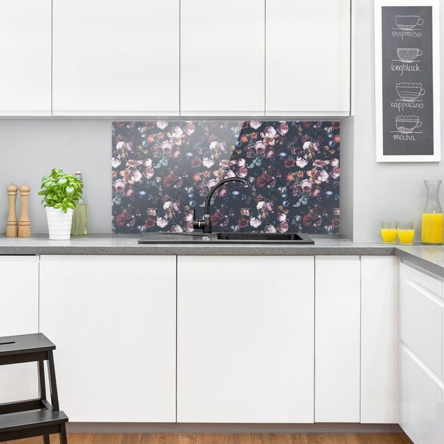 Glass splashback patterns Old Masters Flowers With Tulips And Roses On Dark Gray