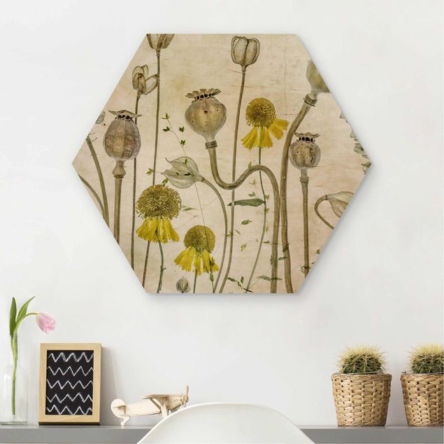 Wood prints flower Poppy And Helenium