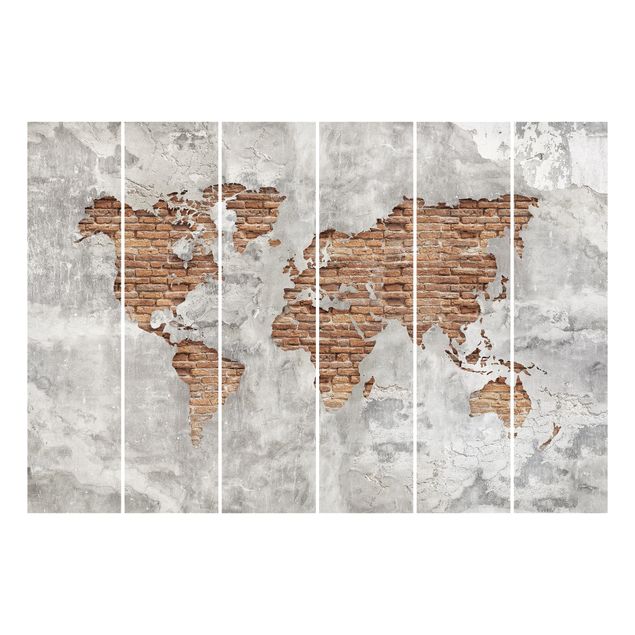 Sliding panel curtains wood Shabby Concrete Brick World Map