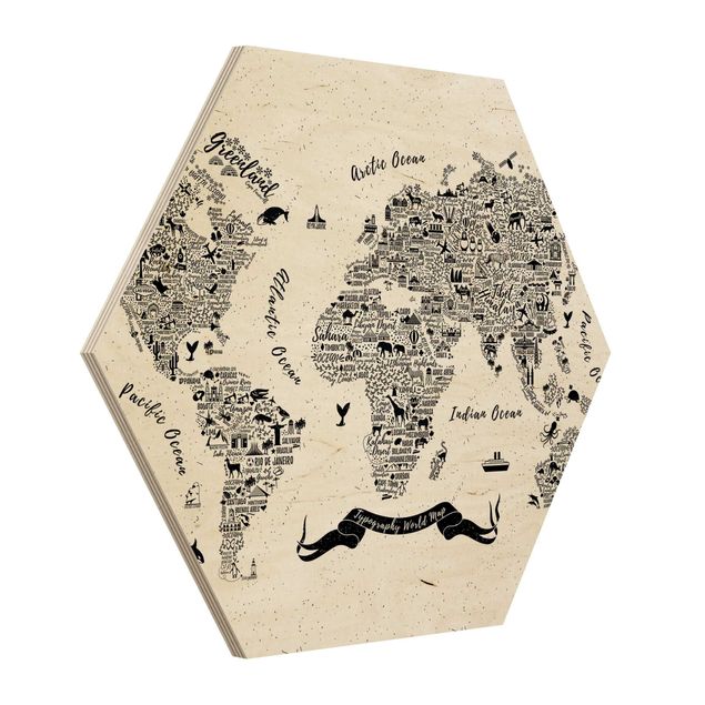 Prints on wood Typography World Map White