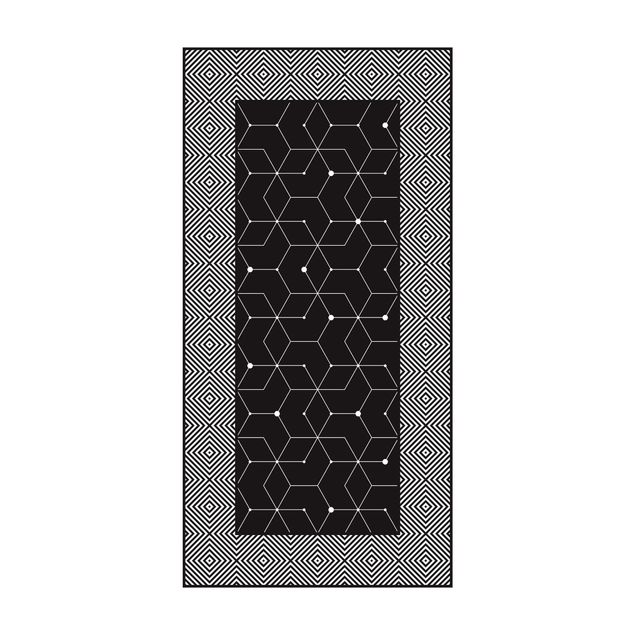 tile effect rug Geometrical Tiles Dotted Lines Black With Border