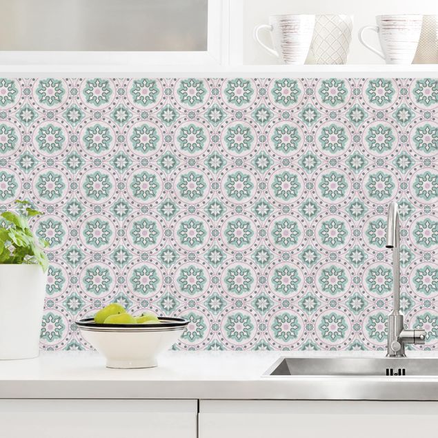 Kitchen Floral Tiles Turquoise Light Pink