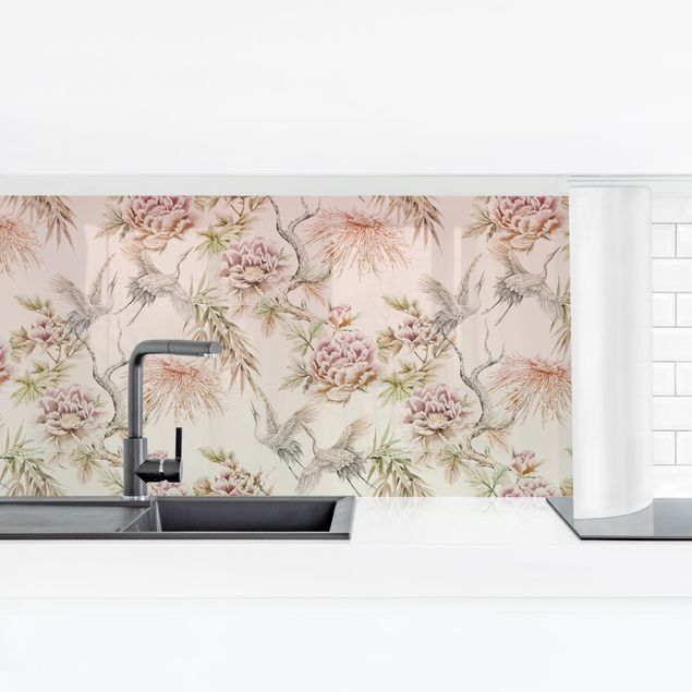 Kitchen splashbacks Watercolour Birds With Large Flowers In Ombre