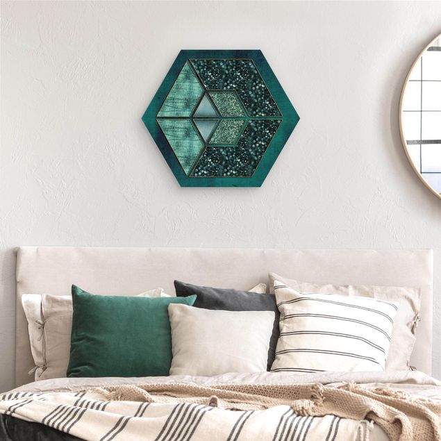 Art prints Blue Hexagon With Gold Outline