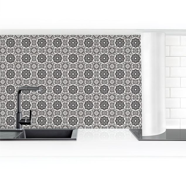 Kitchen splashback tiles Floral Tiles Black And White