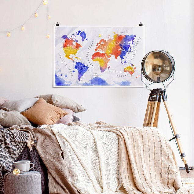 Posters maps World Map Watercolour Purple Red Yellow