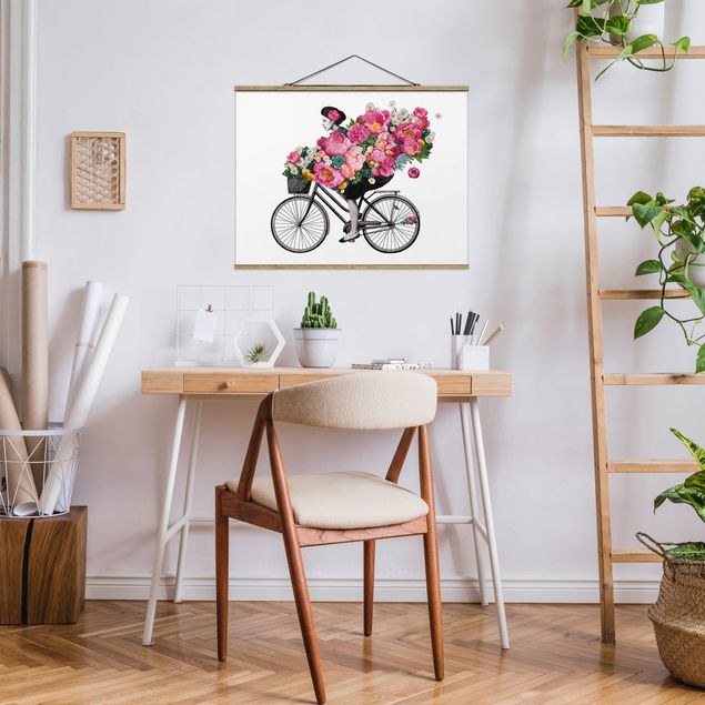 Flower print Illustration Woman On Bicycle Collage Colourful Flowers
