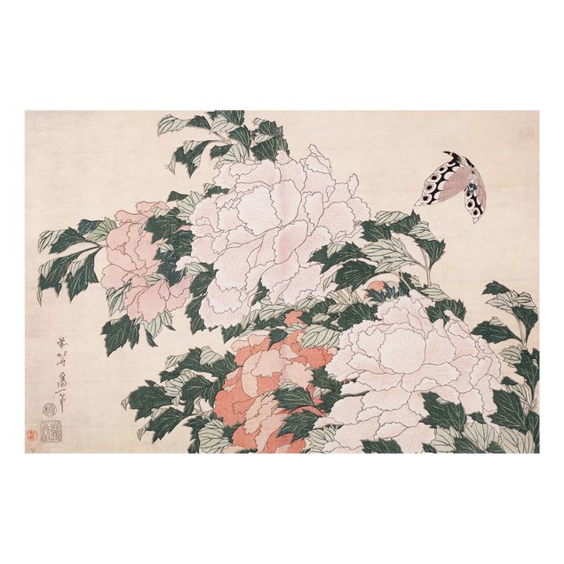 Glass art splashbacks Katsushika Hokusai - Pink Peonies With Butterfly