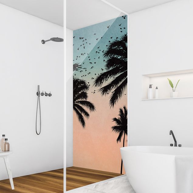 Shower wall cladding Tropical Sunrise In Blue Pink