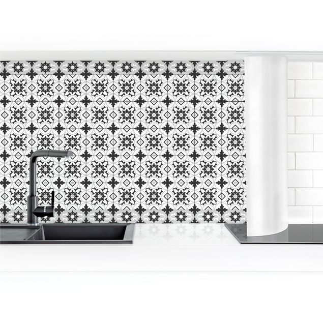 Kitchen splashback tiles Geometrical Tile Mix Flower Black