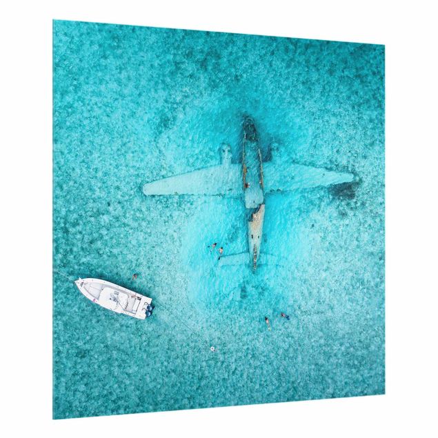 Glass splashback beach Top View Airplane Wreckage In The Ocean