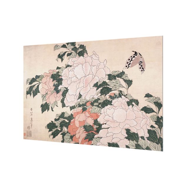 Glass splashback kitchen animals Katsushika Hokusai - Pink Peonies With Butterfly