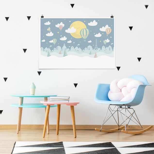 Child wall art Paris With Stars And Hot Air Balloon