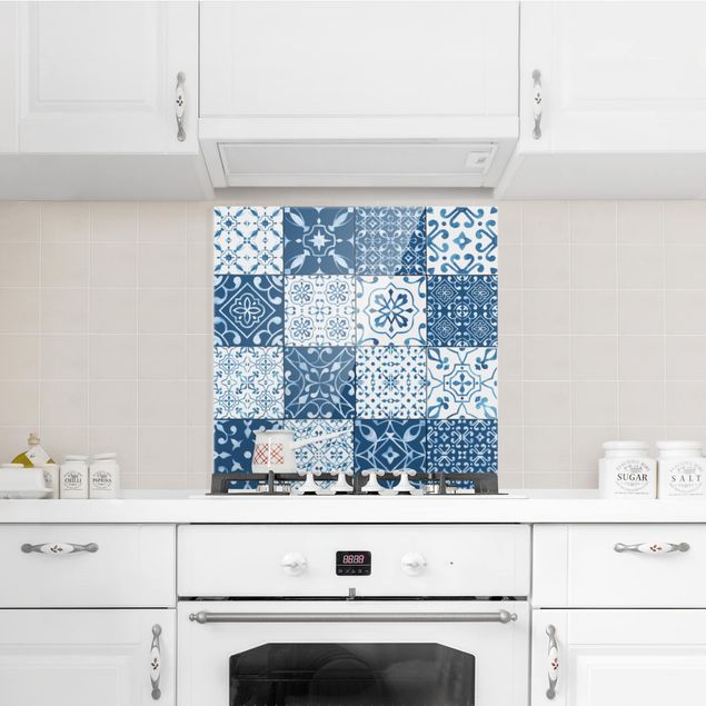 Glass splashback kitchen tiles Tile Pattern Mix Blue White