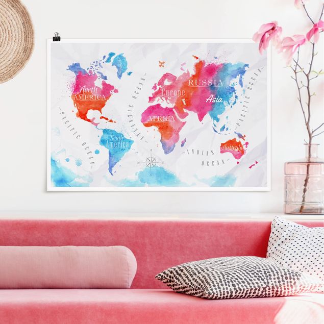 Kitchen World Map Watercolour Red Blue