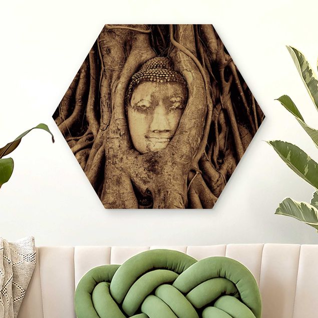 Kitchen Buddha In Ayutthaya Lined From Tree Roots In Brown