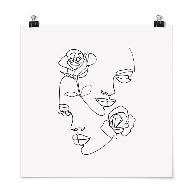 Posters art print Line Art Faces Women Roses Black And White
