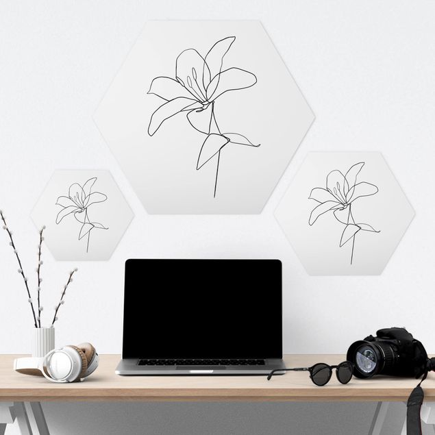 Hexagon photo prints Line Art Flower Black White
