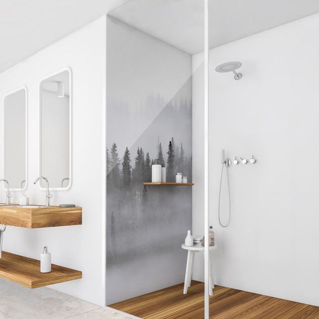 Shower wall panels Fog In The Fir Forest Black And White