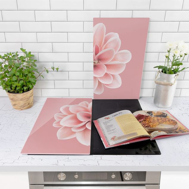 Glass stove top cover Dahlia Pink Blush Flower Centered