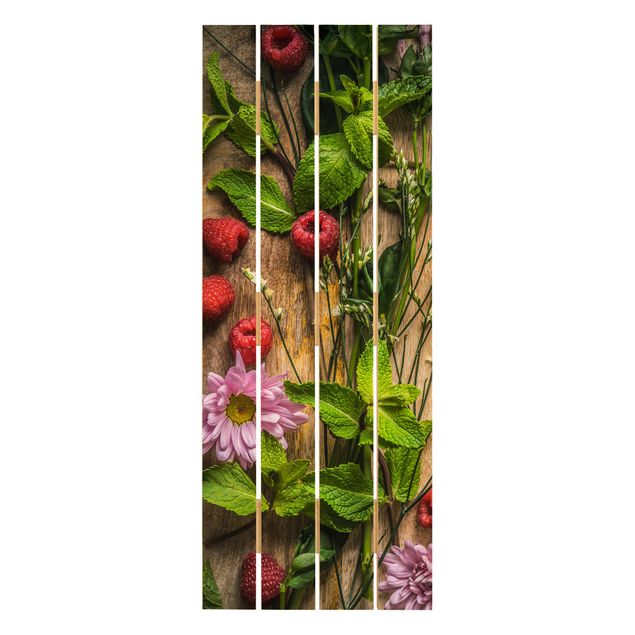 Wood photo prints Flowers Raspberries Mint