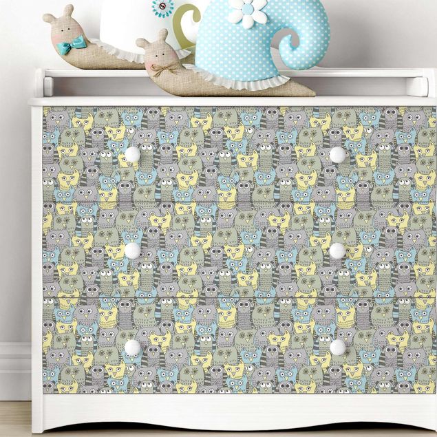Adhesive films for furniture frosted Pattern With Funny Owls Blue