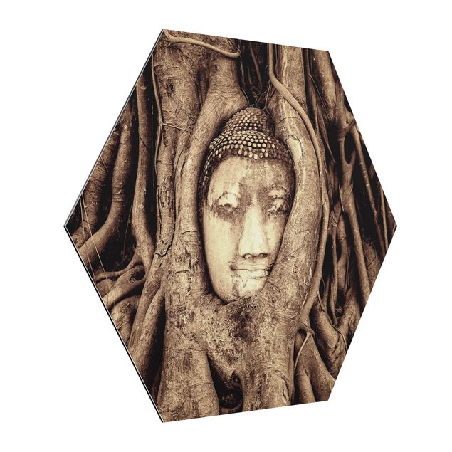 Vintage posters Buddha In Ayutthaya Lined From Tree Roots In Brown