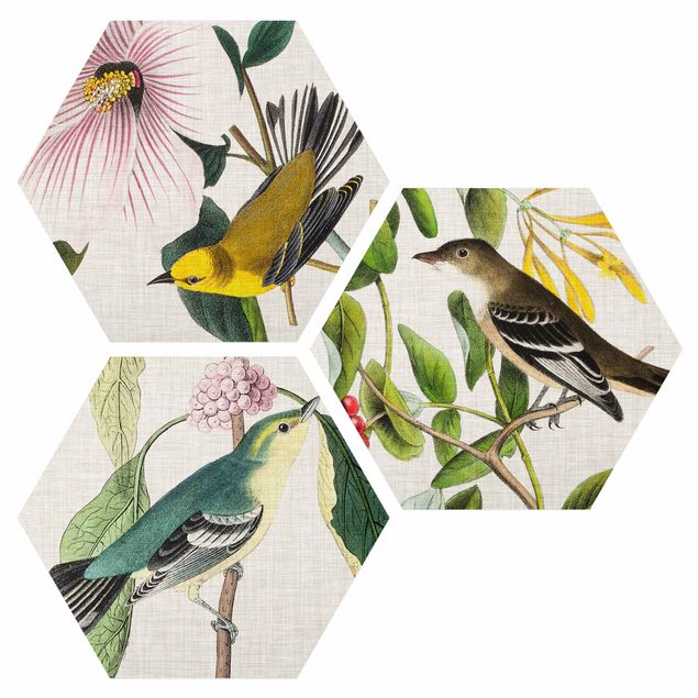 Flower print Birds On Linen Set I