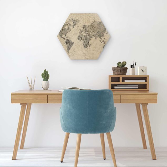 Prints on wood Paper World Map White Grey
