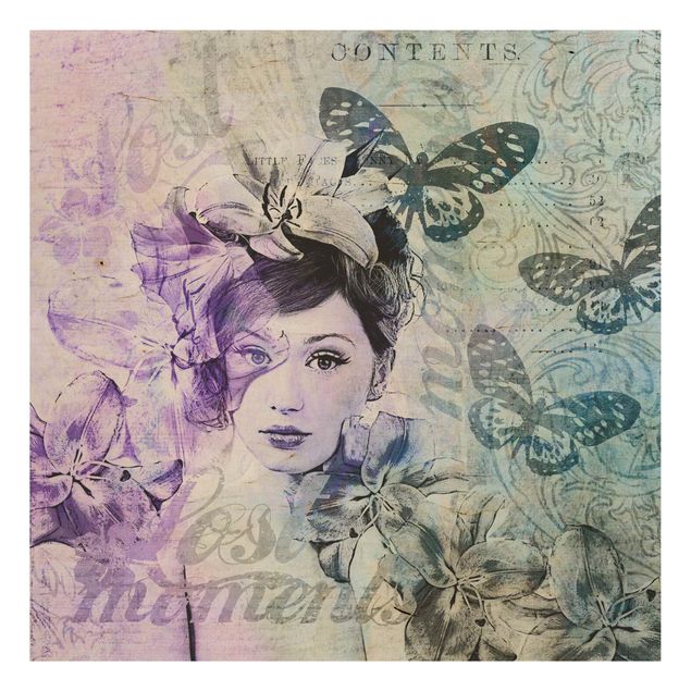 Vintage wood prints Shabby Chic Collage - Portrait With Butterflies