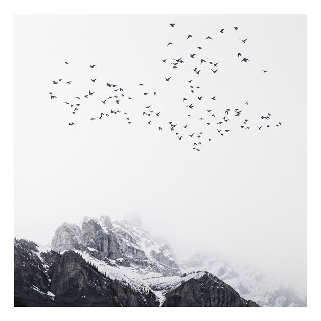Landscape wall art Flock Of Birds In Front Of Mountains Black And White