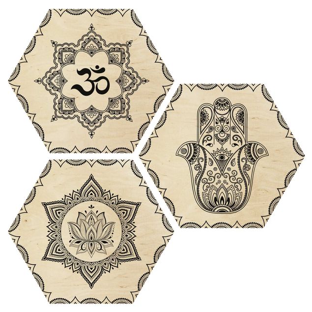 Prints on wood Hamsa Hand Lotus OM Illustration Set Black And White