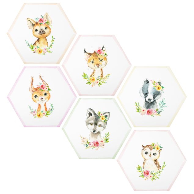 Flower print Watercolour Forest Animals With Flowers Set V