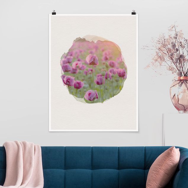 Kitchen WaterColours - Violet Poppy Flowers Meadow In Spring