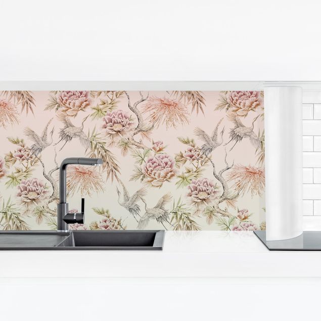 Kitchen splashback patterns Watercolour Birds With Large Flowers In Ombre