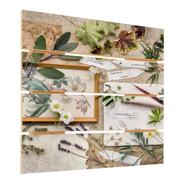Print on wood - Flowers And Garden Herbs Vintage
