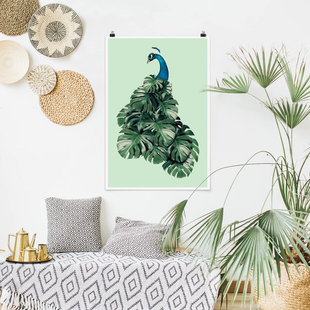 Canvas art Peacock With Monstera Leaves