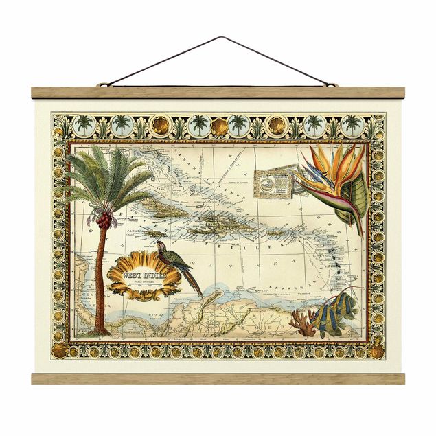 Framed world map Vintage Tropical Map West Indies