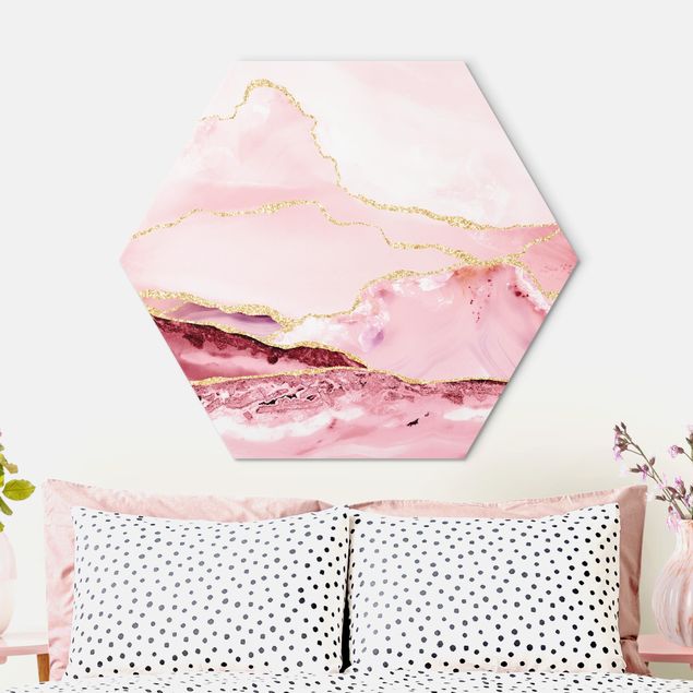 Kitchen Abstract Mountains Pink With Golden Lines