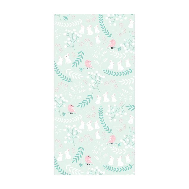 modern area rugs White Rabbits And Light Pink Birds In Thicket