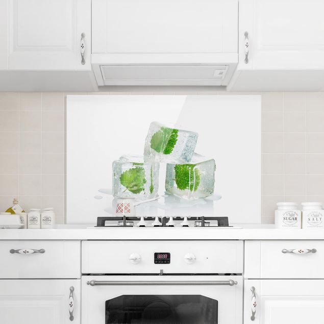 Glass splashback kitchen spices and herbs Three Ice Cubes With Lemon Balm