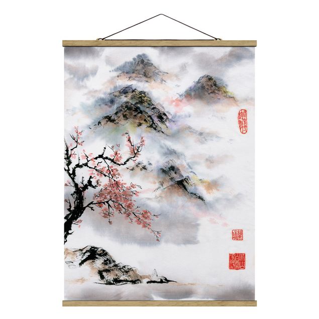 Prints trees Japanese Watercolour Drawing Cherry Tree And Mountains