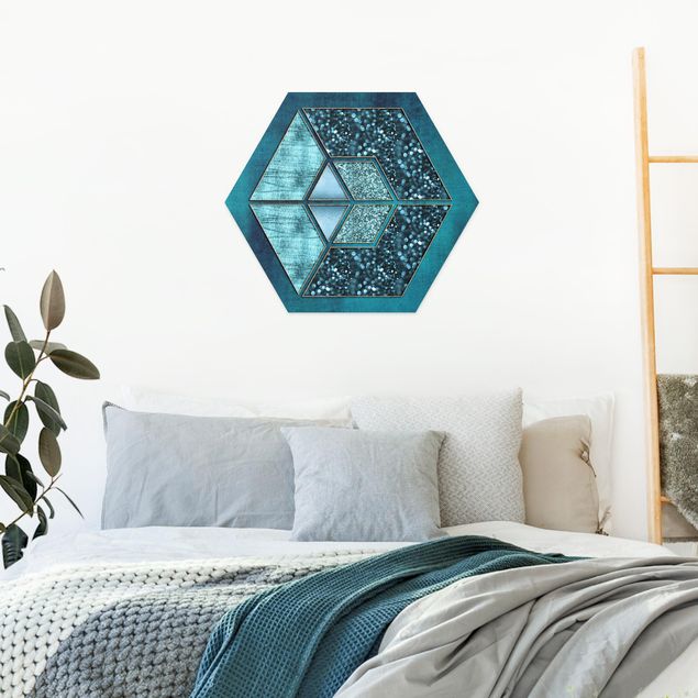 Art posters Blue Hexagon With Gold Outline