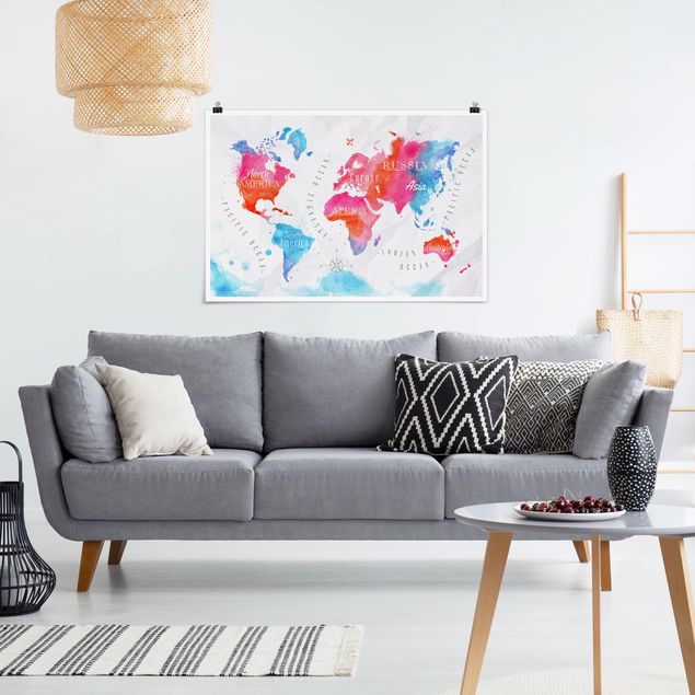 World map poster World Map Watercolour Red Blue