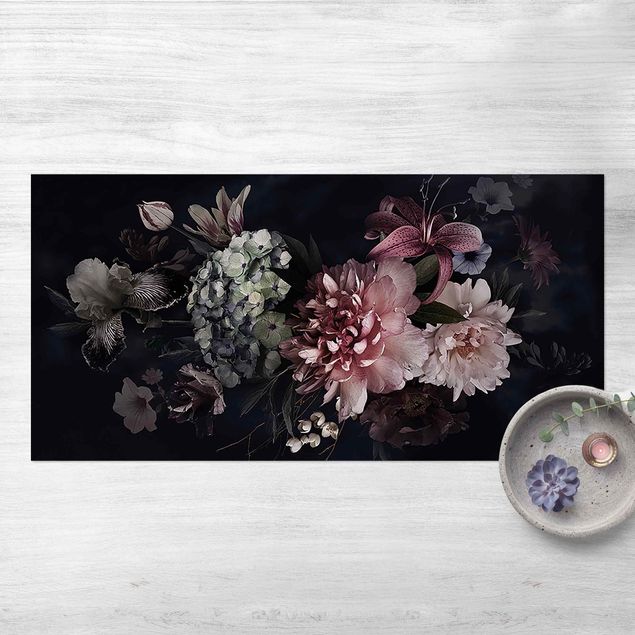 outdoor mat Flowers With Fog On Black