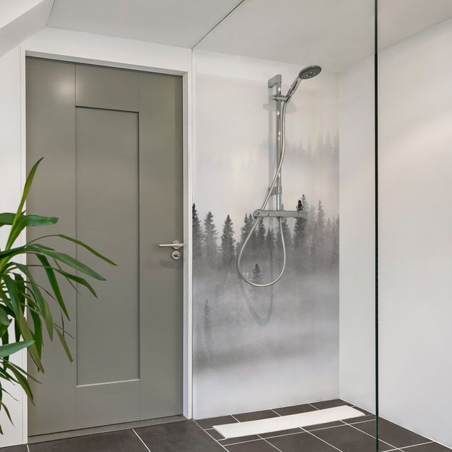 Shower wall cladding - Fog In The Fir Forest Black And White