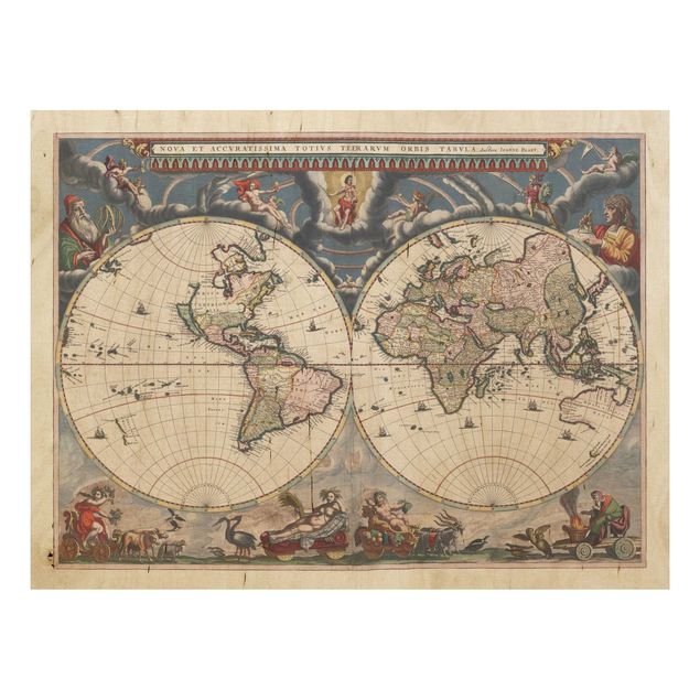 Vintage wood prints Historic World Map Nova Et Accuratissima Of 1664