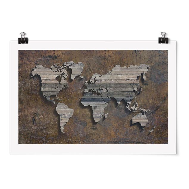 Prints industrial Wooden Grid World Map