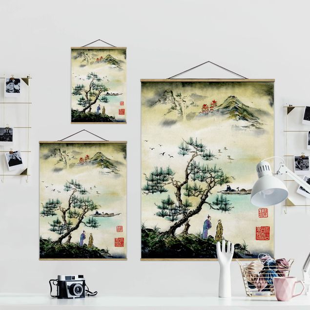 Retro photo prints Japanese Watercolour Drawing Pine And Mountain Village