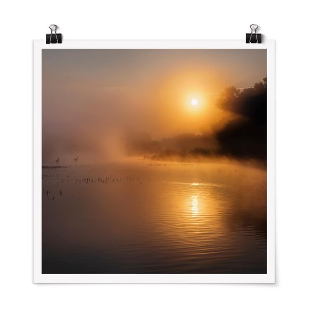 Modern art prints Sunrise on the lake with deers in the fog